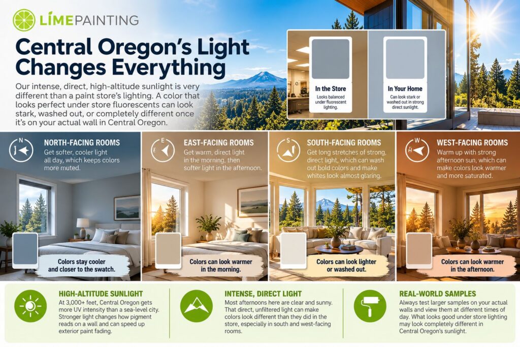 LIME Painting Central Oregon infographic showing how high-altitude sunlight and north-, south-, east-, and west-facing rooms affect how paint colors appear in Bend and Central Oregon homes.