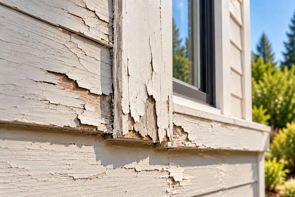 Cracked and peeling exterior paint on a Lake Oswego, Oregon home showing premature paint failure from poor surface preparation, highlighted by LIME Painting Lake Oswego.