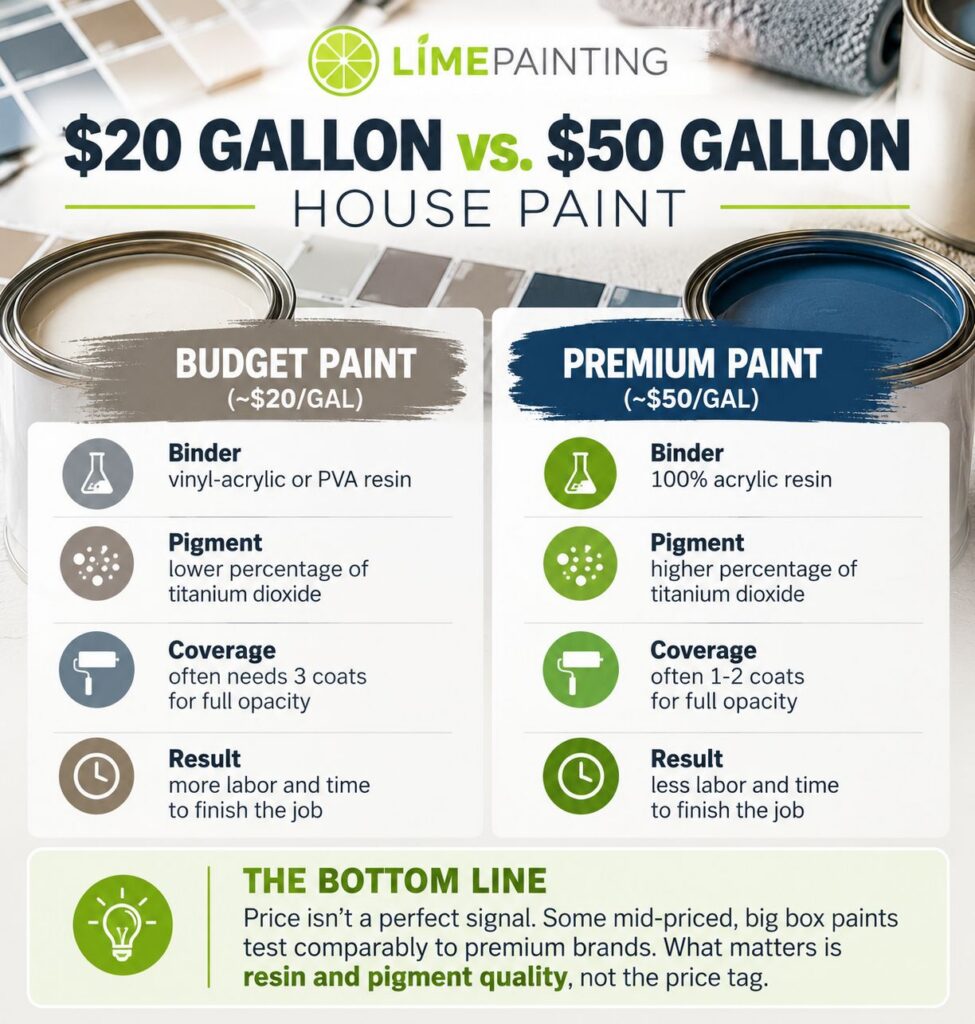 LIME Painting Lake Oswego comparison of budget and premium house paint, including binders, pigments, coverage, and labor considerations for Portland-area homes.
