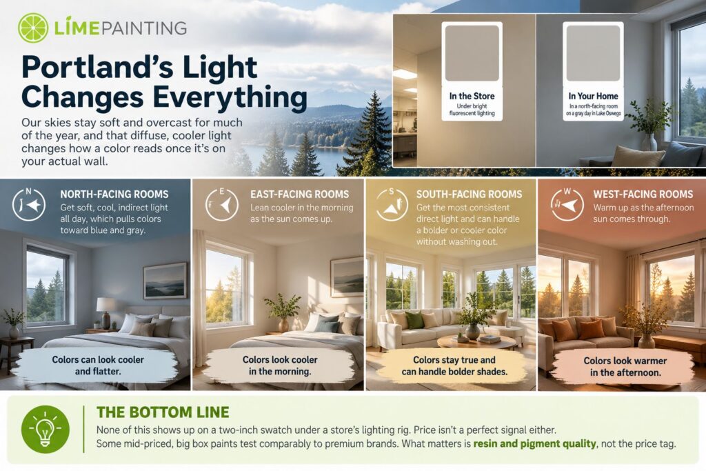 LIME Painting Lake Oswego infographic showing how Portland’s overcast light and north-, south-, east-, and west-facing rooms can change how paint colors appear.
